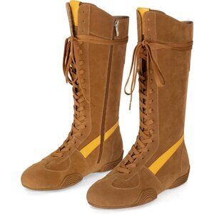 ⚡Women's Brown Suede Lace Up Tall Boxing Boots Retro Style Knee High Sneakers
